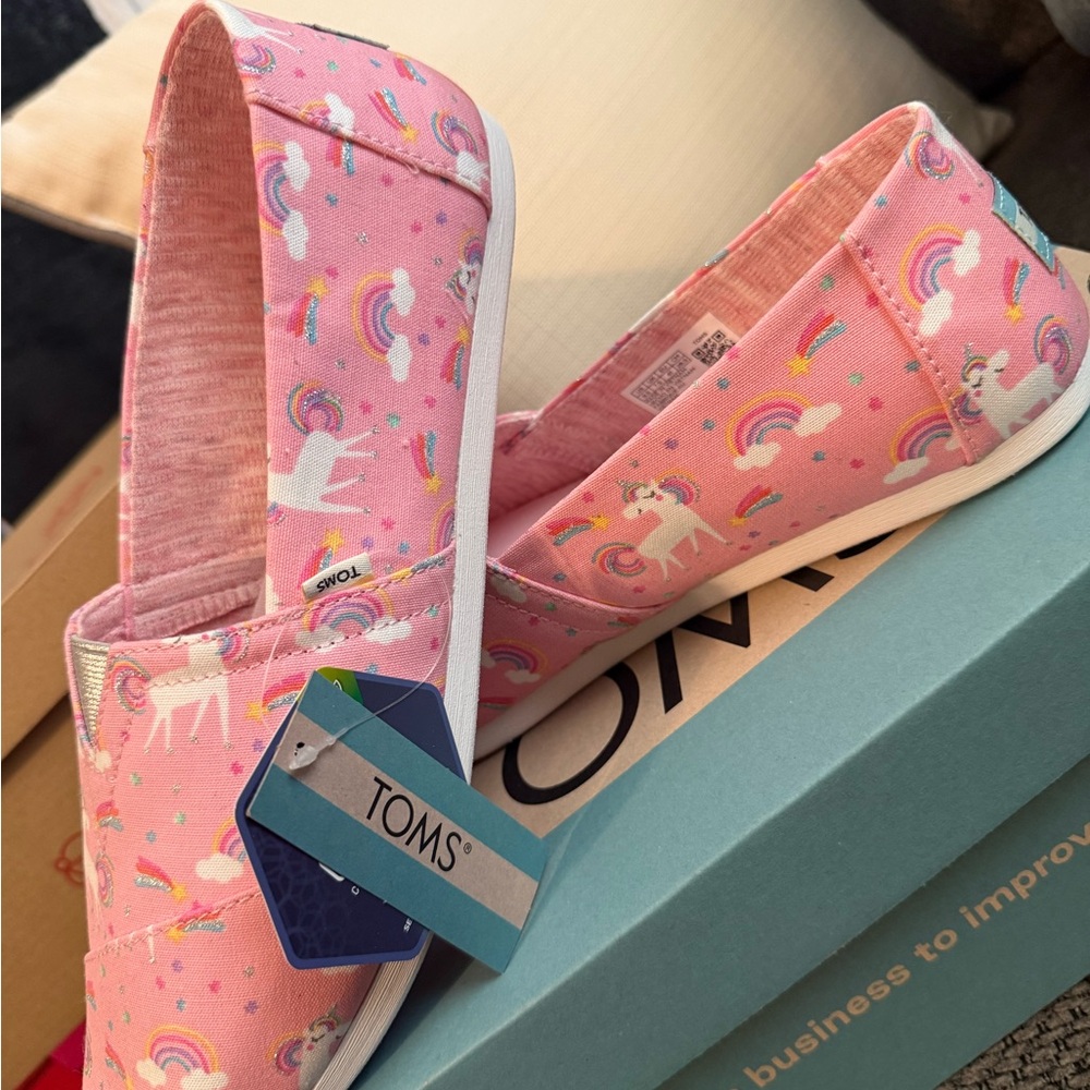 TOMS Pink Slip-Ons with Unicorn and Rainbow Design